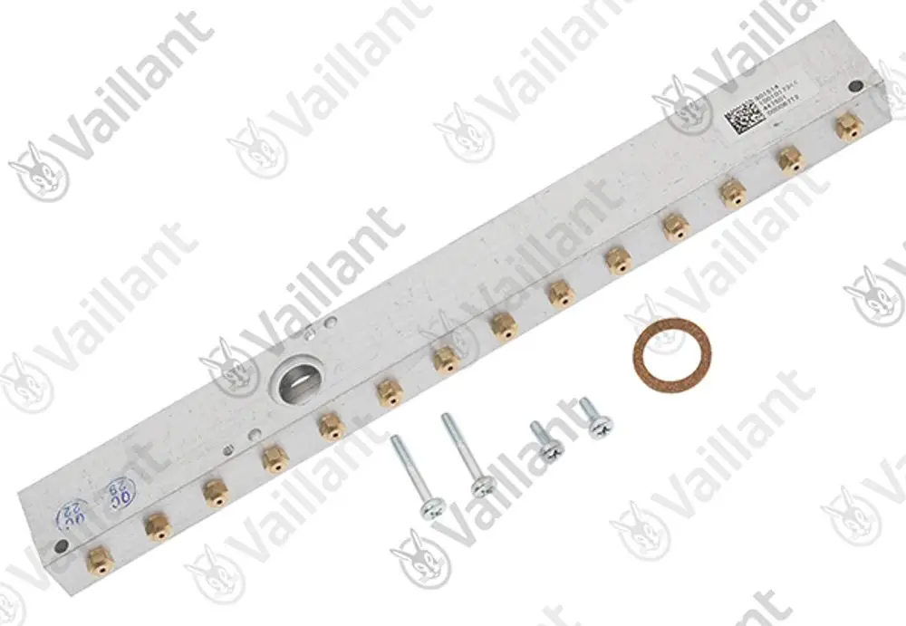 Vaillant Düsenstock mit mehreren Messingdüsen, einer zentralen Öffnung, Schrauben und einer Dichtung aus Metall.